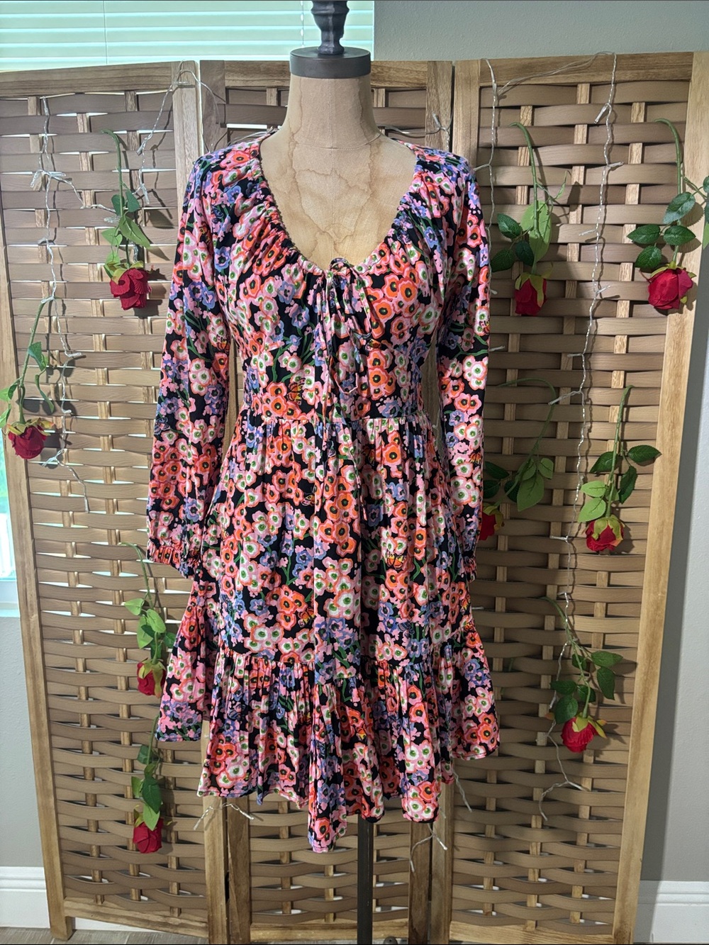 BANJANAN Macaw Multi-color Floral Black Cotton Mini Dress
